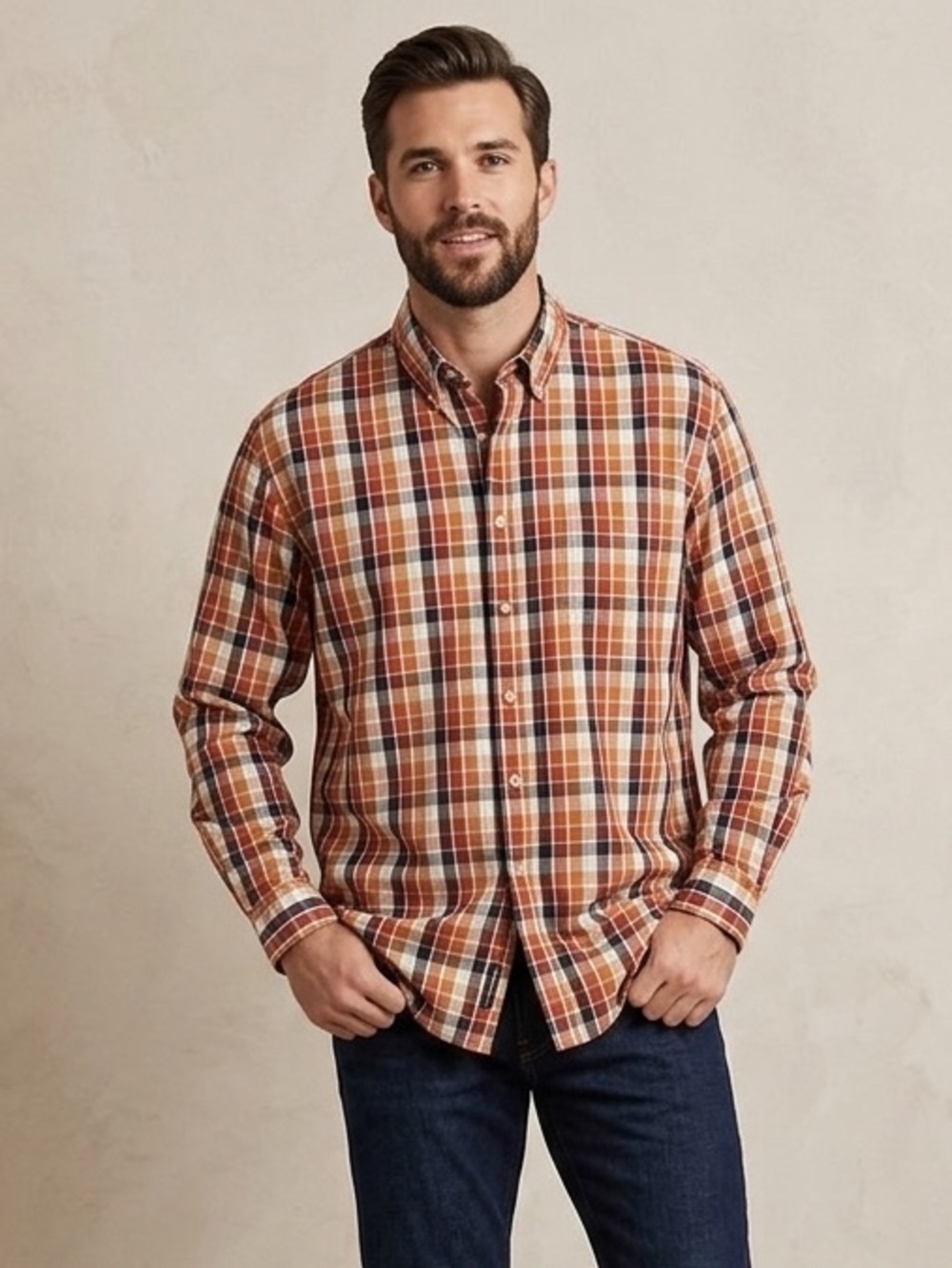 Harold Powell Orange Plaid Long-Sleeve Button-Down Shirt, Men’s Size Large